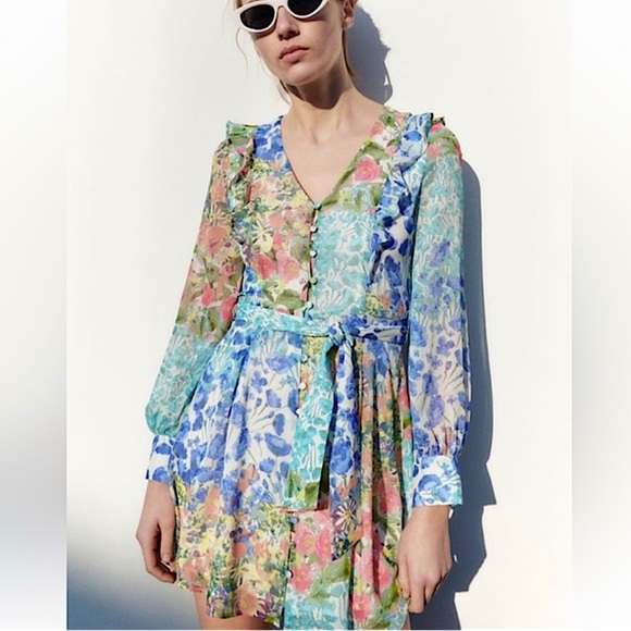 Zara Springtime Patchwork Floral Belted Dress - Picture 1 of 16